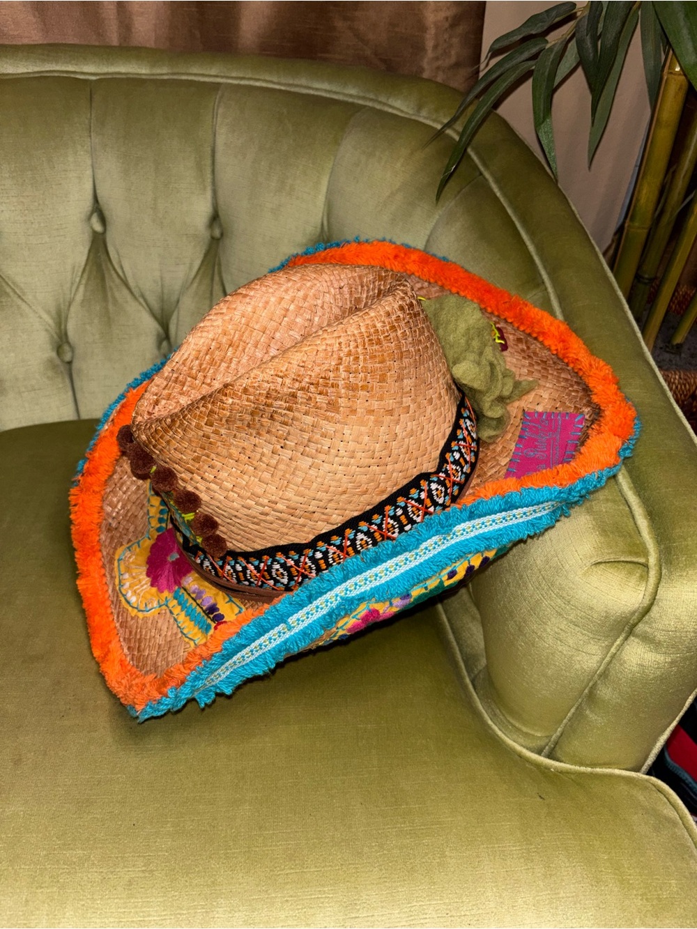 Bohemian Gypsy Queen Embroidered Raffia Straw Hat Fringe Brim medium - Picture 4 of 12